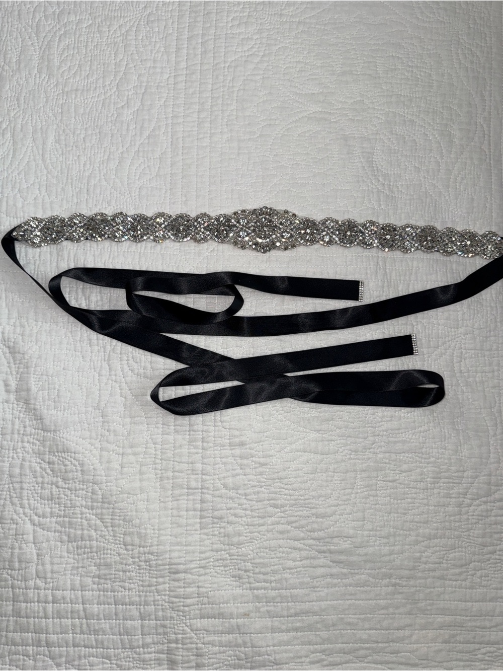Source Unknown Black Satin Ribbon Belt with Silver Crystal Trim